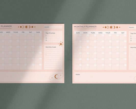 Chic Pink & Gold Moon Printable Undated Monthly Planner with Notes for Personal Organization - Letter Size PDF