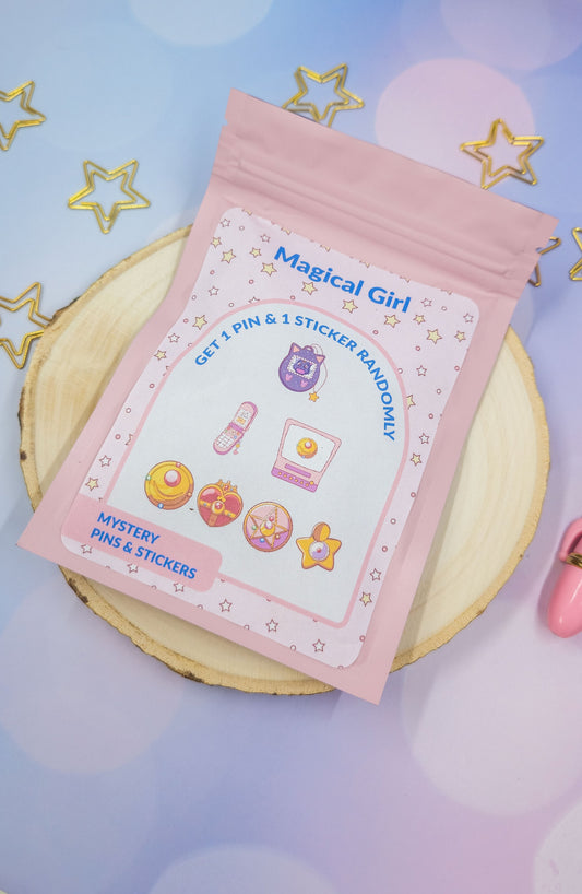 Magical Girl Moonie Mystery Bag | 1 Acrylic Pin and 1 Iridescent Holographic Stickers Randomly